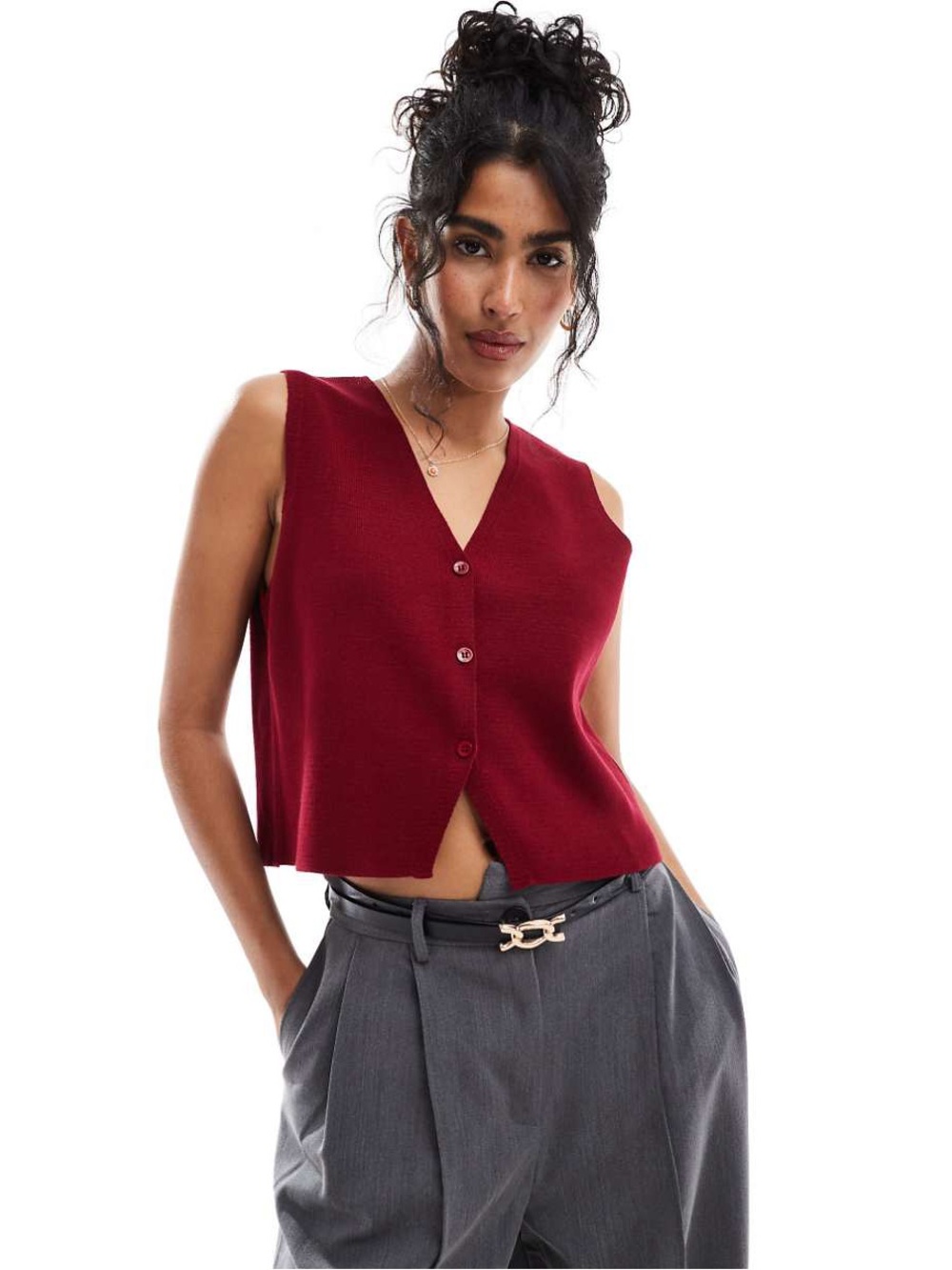 ASOS Design Burgundy Knit Compact V-Neck Button Front Vest Top Size Small